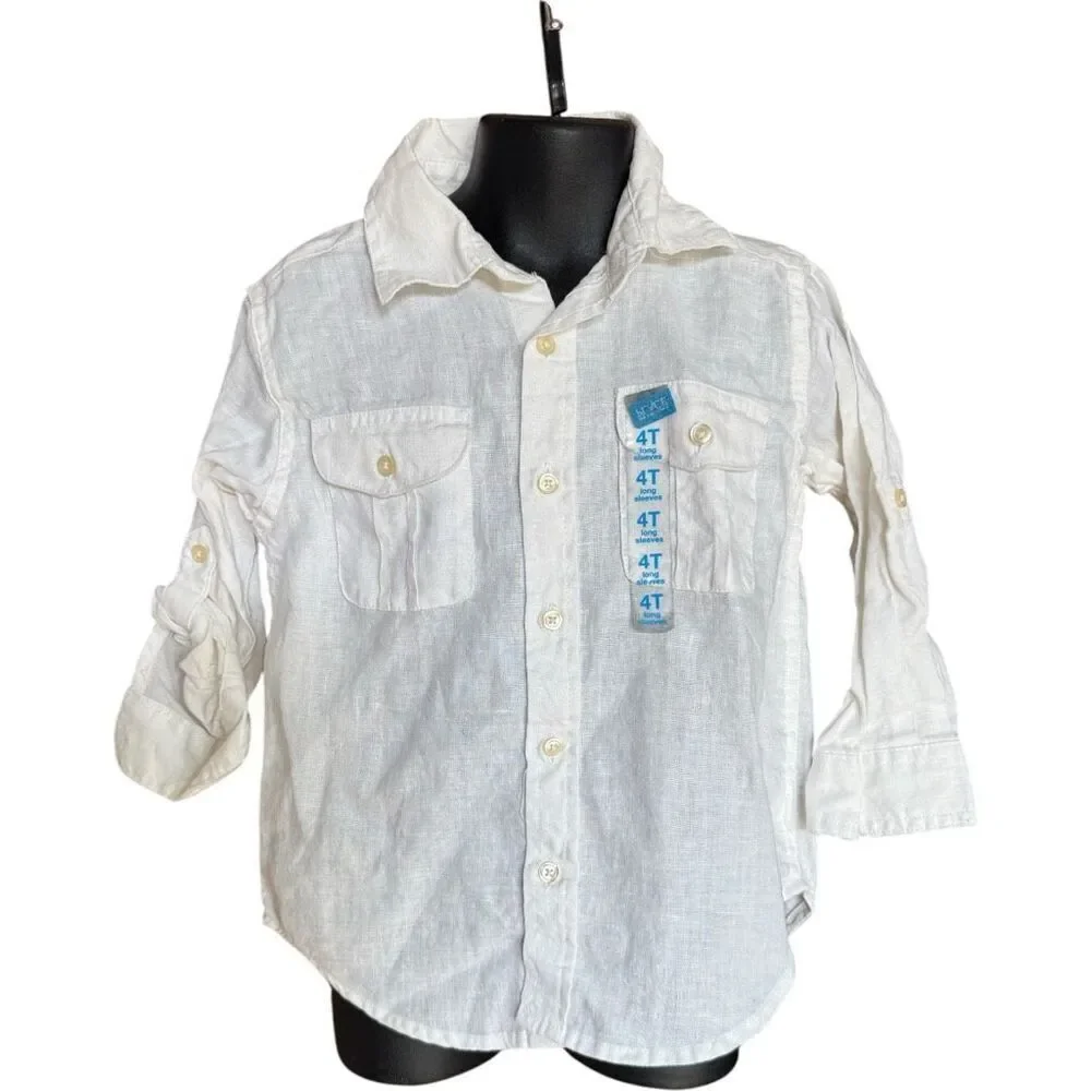 NWT Toddler Boys The Childrens Place White Linen Button Down Dress Shirt - Sz 4T